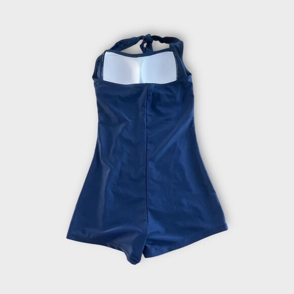 Vintage Inspired Halter One Piece Swimsuit Blue Ruched Retro Style Size M - Picture 2 of 7